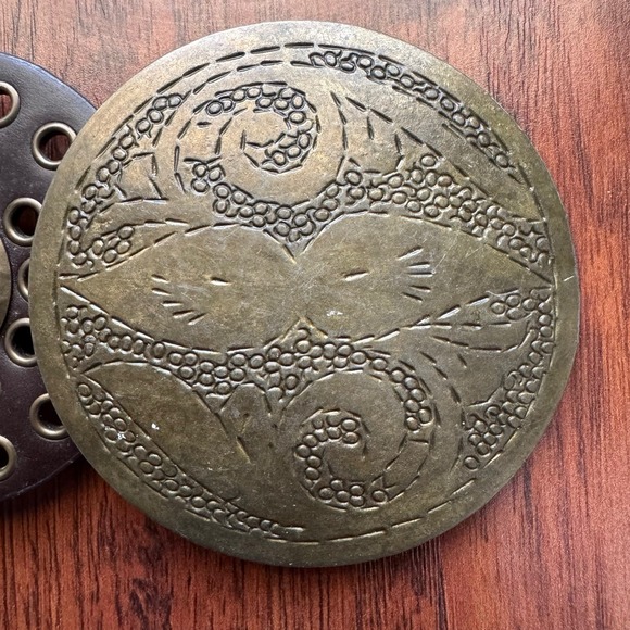 Women's Brown Concho Belt Brass Disc Buckle Coachella Festival Fit Western Boho - Picture 10 of 16